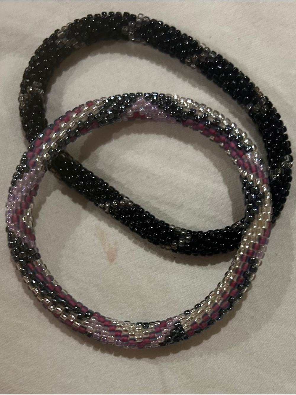Stackable Beaded Stretch Bracelet Set - Black, Pink & Silver Accents